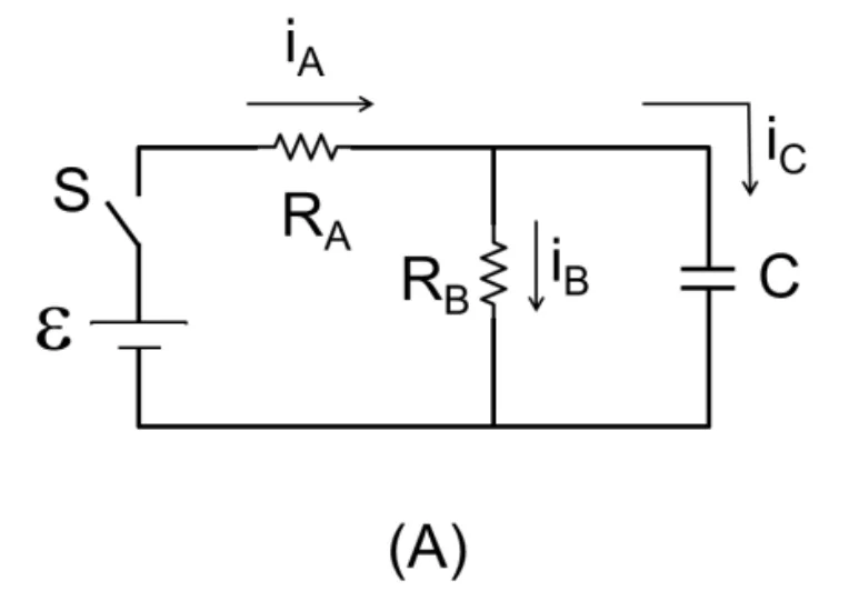 Figura A: circuito com bateria, chave S, resistor RA em série e ramos paralelos com RB e capacitor C