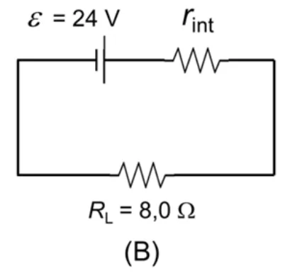 Figura B: circuito com fonte de 24 volts, resistência interna e carga de oito ohms