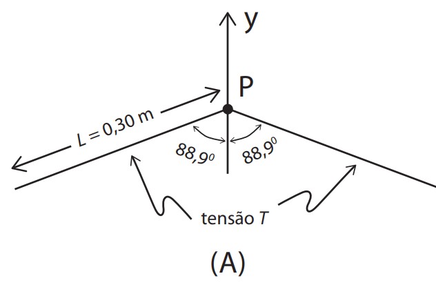 Ponto P na origem de um eixo y vertical; dois segmentos de corda partem de P formando ângulo de 88,9° com o eixo y de cada lado, indicando a tensão T em cada segmento; um dos segmentos tem comprimento L=0,30m