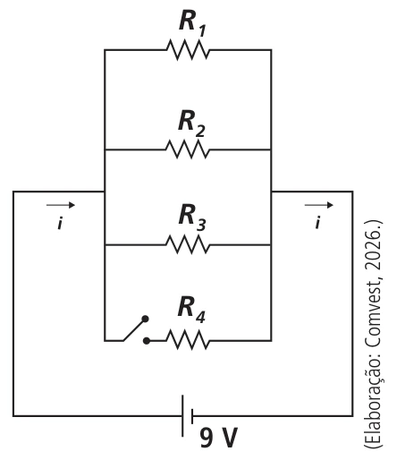 Circuito com quatro resistores de 1,2 kΩ em paralelo à bateria de 9 V; uma chave controla o ramo de R4.