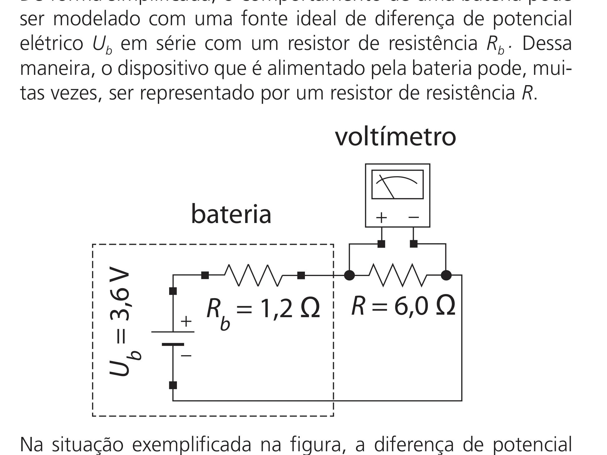 Circuito com bateria de fem Ub=3,6V e resistência interna Rb=1,2Ω em série com resistor externo R=6,0Ω; um voltímetro está ligado em paralelo com R