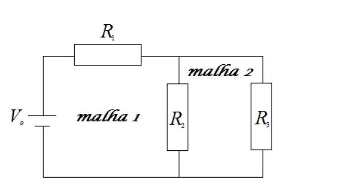 Fonte V0 em série com R1; R2 e R3 em paralelo, com as malhas 1 e 2 indicadas