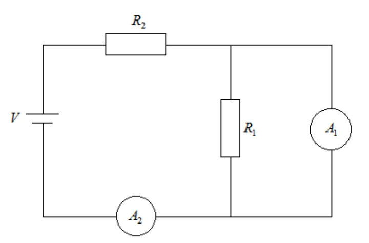 Fonte V em série com R2 e com o amperímetro A2; R1 e o amperímetro A1 estão em paralelo