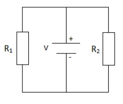 Fonte de 10 V ligada em paralelo a R1 de 2 ohms e R2 de 4 ohms.