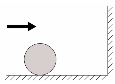Bola em um plano horizontal sem atrito deslocando-se para a direita, em direção a um anteparo vertical.