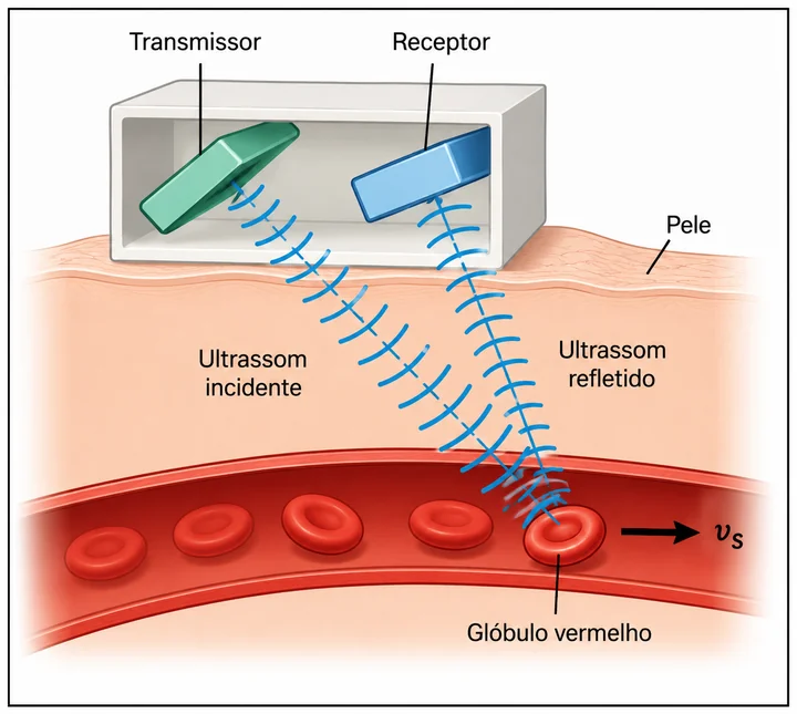 Transmissor e receptor de ultrassom Doppler sobre a pele, medindo o glóbulo vermelho se afastando na corrente sanguínea
