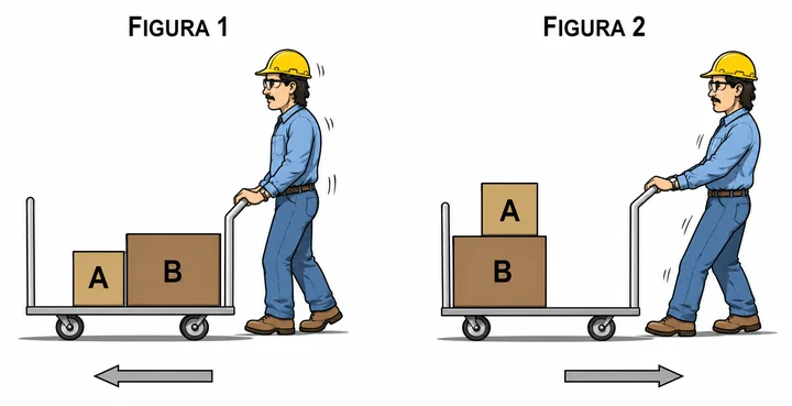 Figura 1: trabalhador empurra o carrinho com as caixas A e B lado a lado. Figura 2: trabalhador puxa o carrinho com a caixa A empilhada sobre a caixa B — questão discursiva do Albert Einstein 20