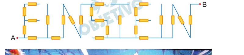 Circuito de resistores desenhado com o formato das letras da palavra EINSTEIN, entre os terminais A e B; cada retângulo representa um resistor de 1 ohm.
