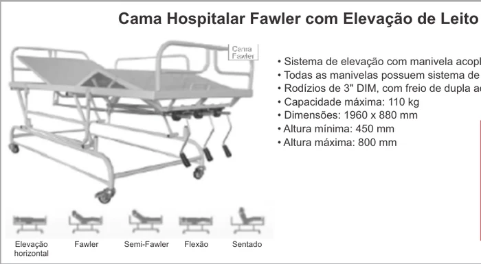 Cama Hospitalar Fawler com Elevação de Leito Manual, com a lista de especificações: capacidade máxima de 110 kg, altura mínima de 450 mm e altura máxima de 800 mm.