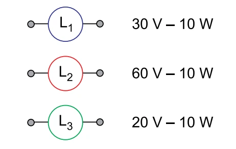 Legenda das lâmpadas: L1 30V-10W, L2 60V-10W, L3 20V-10W