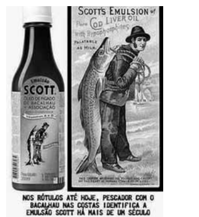 Rótulo histórico da Emulsão de Scott com um pescador carregando um peixe