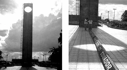 Fotografias do Monumento Marco Zero em Macapá mostrando o Sol na abertura superior e a sombra dividida pela linha do Equador