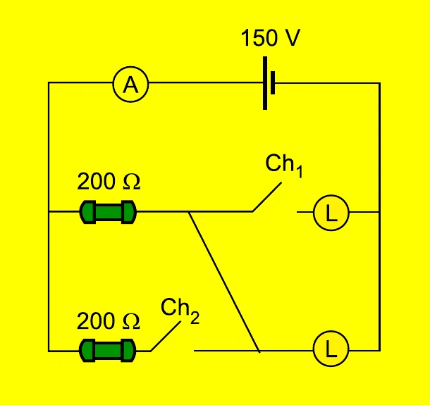 Circuito com fonte de 150 V, dois resistores de 200 ohms, duas lâmpadas e duas chaves