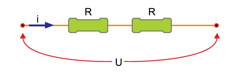 Dois resistores idênticos R associados em série e submetidos a uma diferença de potencial U