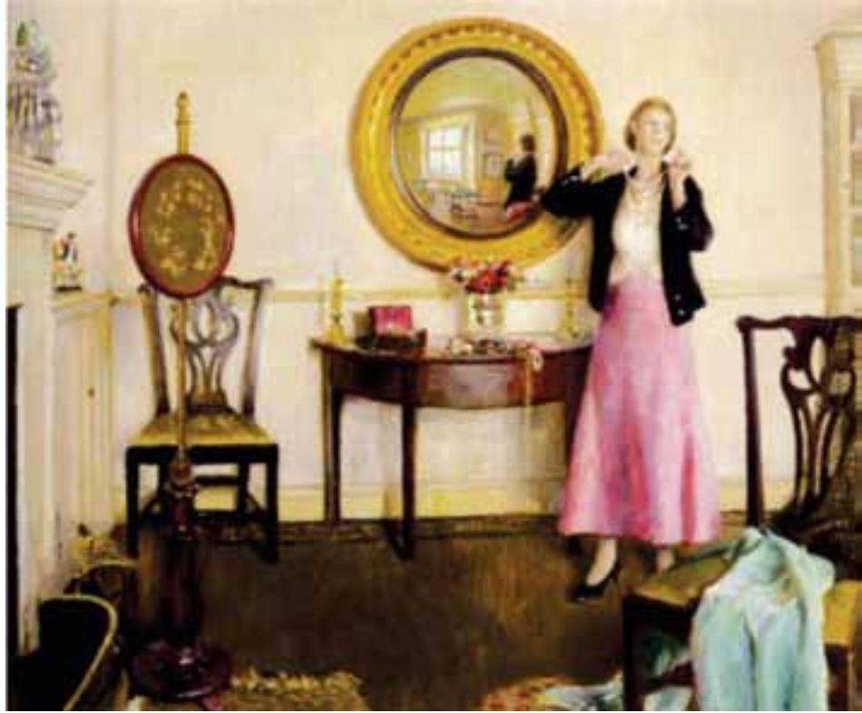Quadro O colar favorito, de Harold Harvey, com uma pessoa diante de um espelho