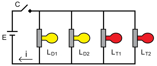 Bateria ideal de 12 V, chave C e quatro lâmpadas ligadas em paralelo, duas dianteiras LD1 e LD2 e duas traseiras LT1 e LT2.
