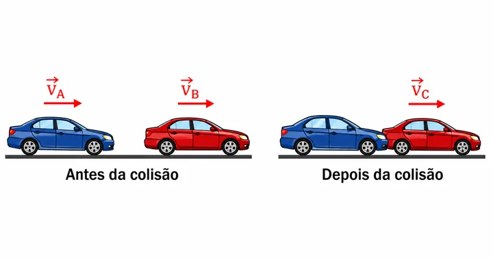 Dois carros com velocidades vA e vB antes da colisão; depois da colisão, os dois carros seguem unidos com velocidade vC