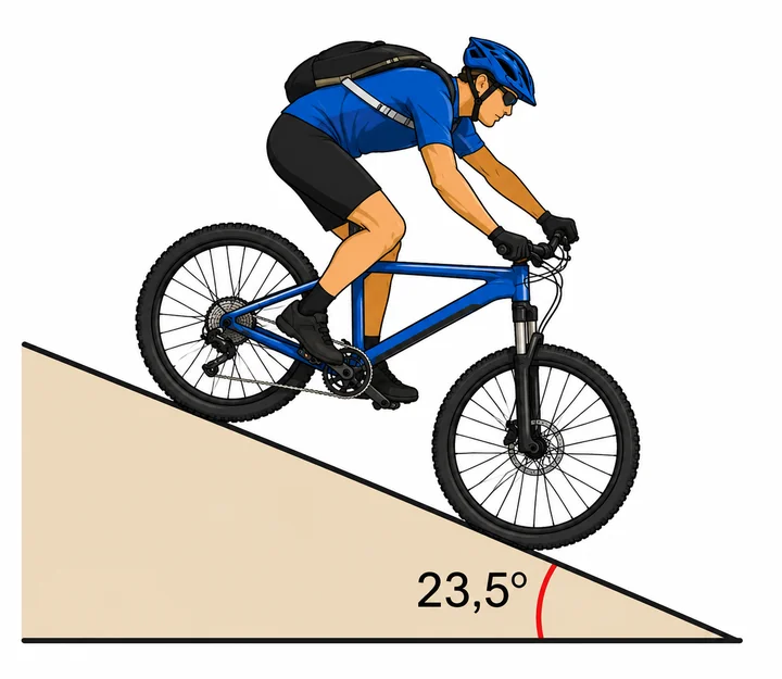Silhueta de um ciclista descendo uma ladeira inclinada em 23,5 graus.