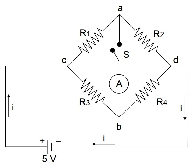 Esquema elétrico clássico de losango com 4 resistores, chave central em S no galvanômetro conectando os nós, todos energizados em DC 5V base.