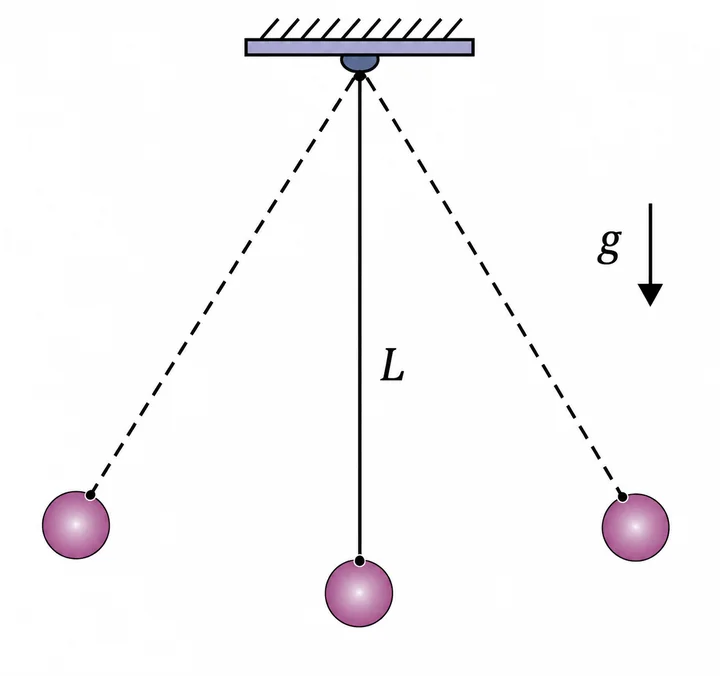 Esquema indicando um pêndulo simples em oscilação submetido à gravidade g.