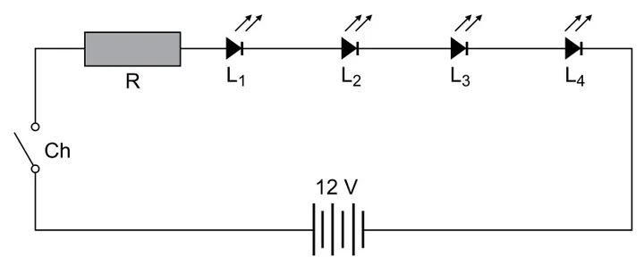 Circuito fechado apresentando uma chave Ch, um resistor R, quatro Leds seguidos L1 até L4, e fonte de bateria 12V.