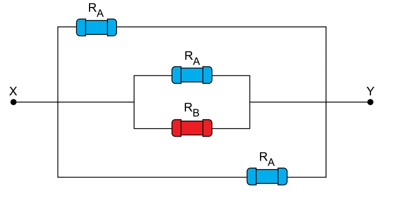 Três resistores RA e um resistor RB ligados em paralelo entre os nós X e Y