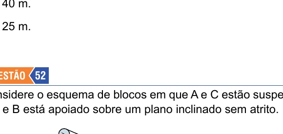 Blocos A, B e C ligados por fios, com B sobre plano inclinado de 30 graus