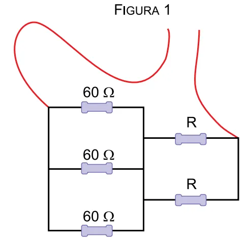 Figura 1 — associação de três resistores de 60 ohms e dois resistores R