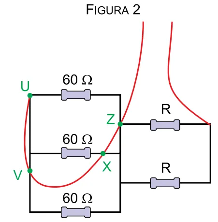 Figura 2 — circuito com os pontos U, V, X e Z e resistores de 60 ohms e R
