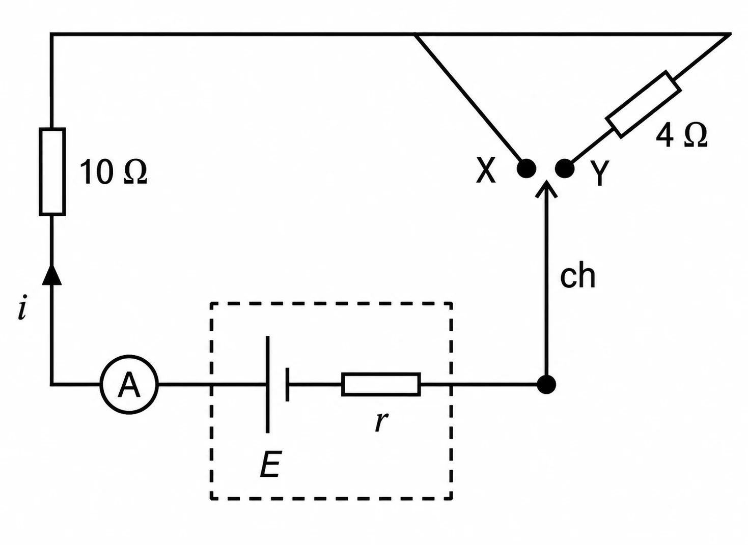 Circuito com bateria de resistência interna r, resistores de 10 ohms e 4 ohms e chave seletora