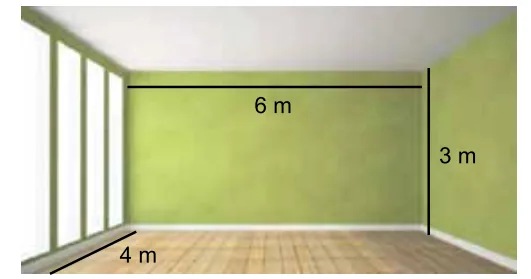 Sala com dimensões 6 m de comprimento, 4 m de largura e 3 m de altura