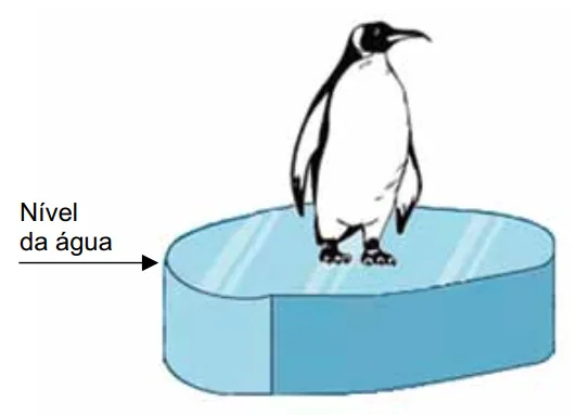Pinguim-imperador sobre um bloco de gelo totalmente submerso, com o nível da água rasante à superfície superior