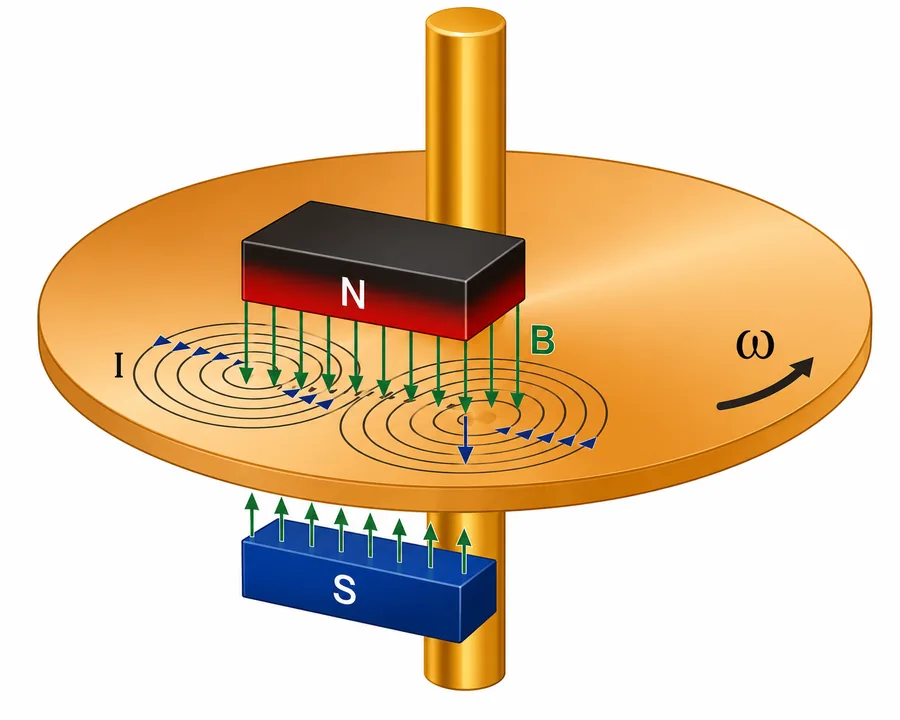 Disco metálico condutor girando com velocidade angular ω entre os polos N e S de um ímã, com linhas de campo magnético B atravessando o disco