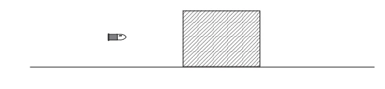 Projétil se aproximando de um bloco em repouso sobre superfície horizontal