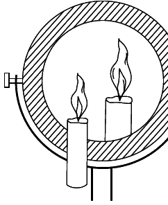 Espelho esférico circular com a vela (objeto) e sua imagem direita e maior