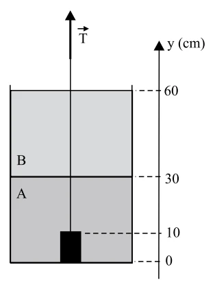 Cilindro no fundo de um recipiente com os líquidos A (de 0 a 30 cm) e B (de 30 a 60 cm), preso a um fio
