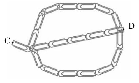 Circuito de clipes de papel entre os pontos C e D: um clipe em série a partir de C, seguido de três ramos em paralelo formados por cadeias de clipes (7, 5 e 7) até D