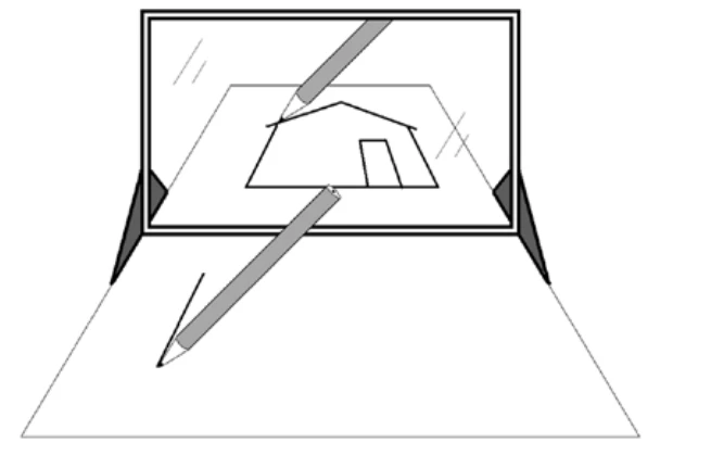 Dispositivo de vidro translúcido que permite copiar um desenho (uma casinha) seguindo, no reflexo, o traço do lápis