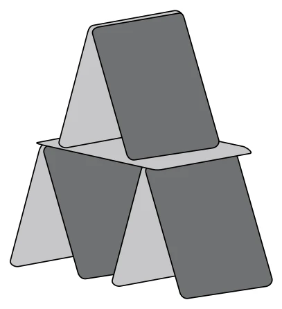 Castelo de cartas: duas cartas no topo, uma deitada no meio e quatro cartas inferiores formando duas tendas