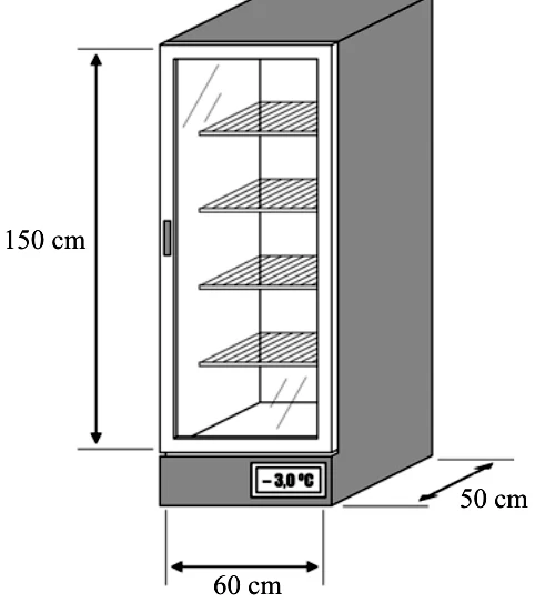 Freezer com 150 cm de altura, 60 cm de largura e 50 cm de profundidade, marcando -3,0 °C