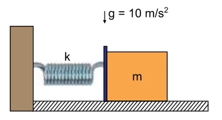 Mola comprimida entre parede e bloco sobre superfície horizontal; figura indica g igual a 10 m/s².
