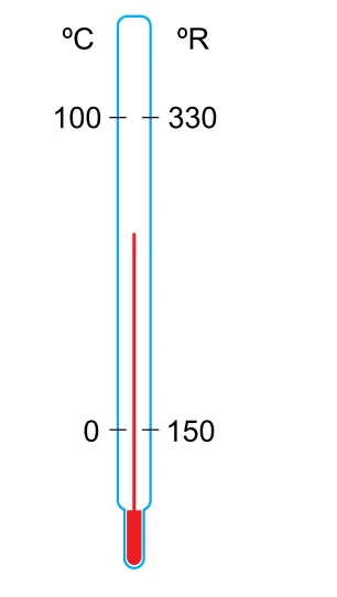 Termômetro com duas escalas: 0 °C corresponde a 150 °R e 100 °C corresponde a 330 °R