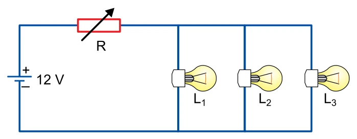 Circuito com bateria de 12 V, resistor variável R em série e três lâmpadas idênticas L1, L2 e L3 em paralelo