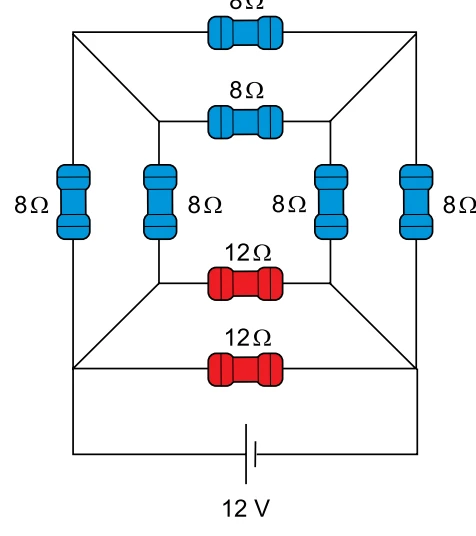 Circuito com seis resistores de 8 ohms, dois de 12 ohms e gerador de 12 V.
