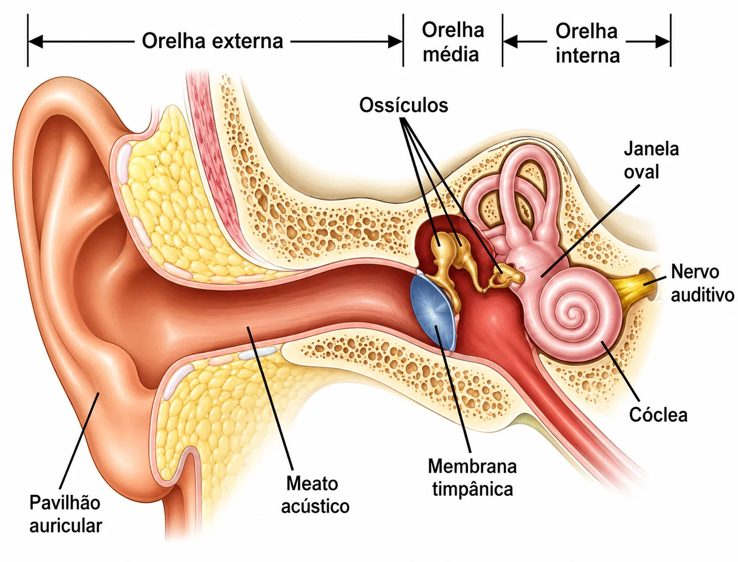Esquema da orelha evidenciando o Meato acústico (Tubo Sonoro Fechado) até a membrana timpânica
