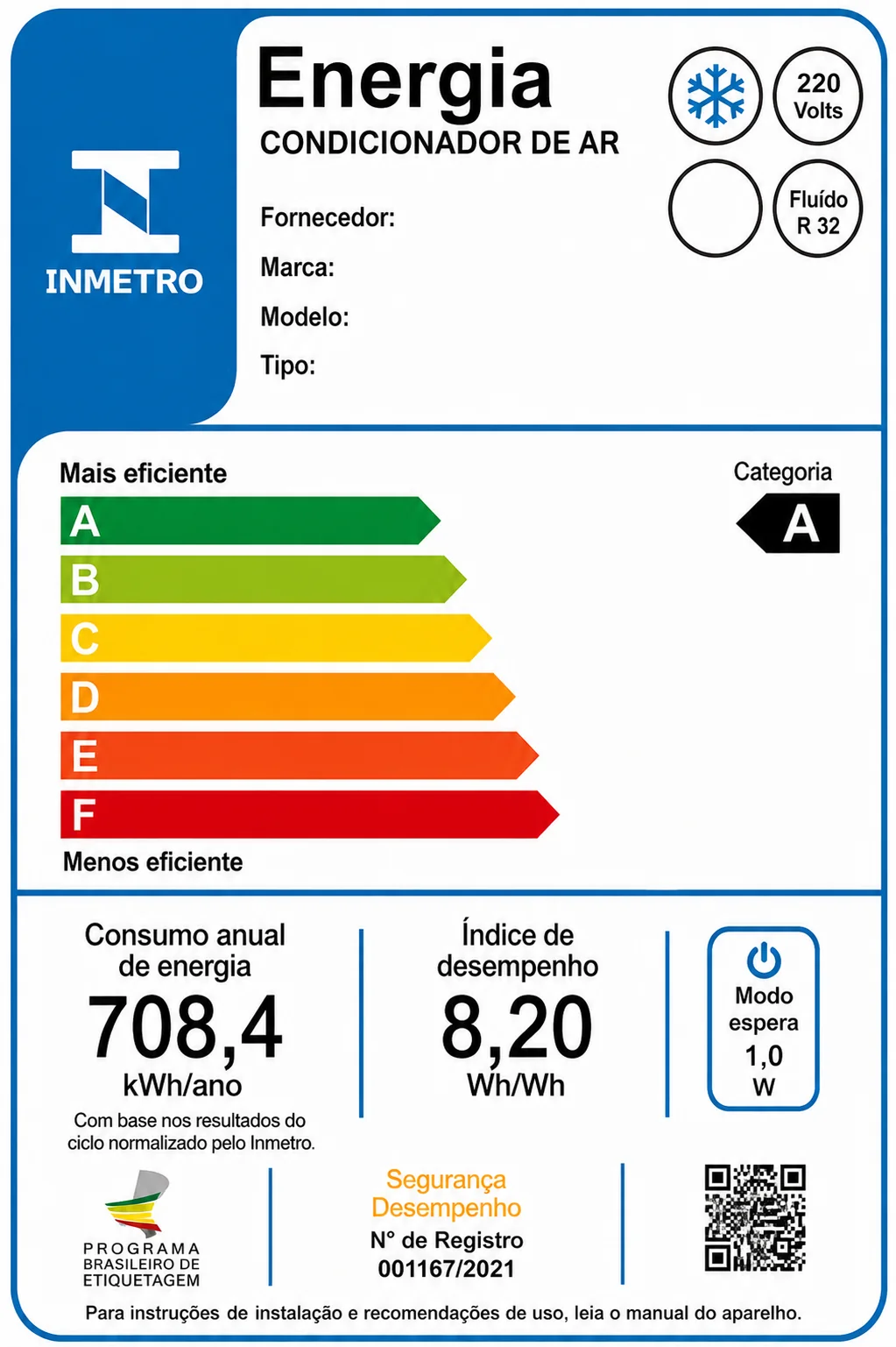 Selo do Inmetro destacando consumo de 708,4 kWh/ano