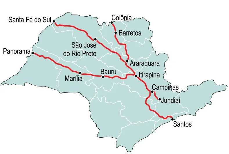 Mapa do Estado de São Paulo indicando trajeto ferroviário de Santa Fé do Sul até Santos, passando por Itirapina, Campinas e Jundiaí