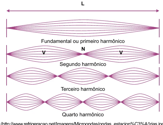 Corda de comprimento L com os quatro primeiros harmônicos, com 1, 2, 3 e 4 ventres.