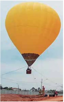 Balão de ar quente mantido acima do solo por cordas durante um voo cativo.