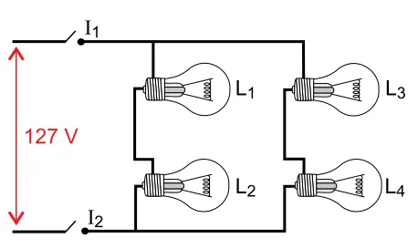 Alternativa A — esquema do circuito elétrico das quatro lâmpadas